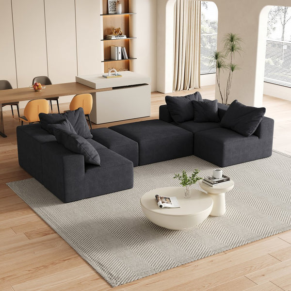 English Elm Modern Upholstered Sectional Sofa Set Modular 132" L-Shape Chenille Couch with 6 Pillows, No-Assembly Comfort and FlexibilityReadable? Black W834S00500