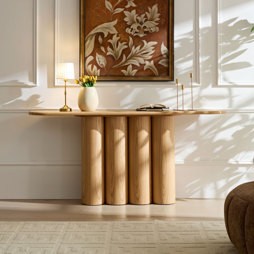 English Elm 66.93'' Slim Matte Console Table with Sculptural Cylinder Legs for Entryway or Foyer Natural W876S00338