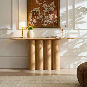 English Elm 66.93'' Slim Matte Console Table with Sculptural Cylinder Legs for Entryway or Foyer Natural W876S00338