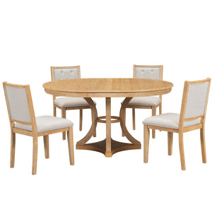 English Elm TREXM Retro 5-Piece Extendable Round-to-Oval Dining Set with Upholstered Chairs and Distressed Finish Natural ST000144AAD