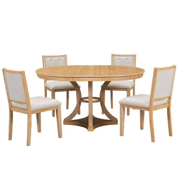English Elm TREXM Retro 5-Piece Extendable Round-to-Oval Dining Set with Upholstered Chairs and Distressed Finish Natural ST000144AAD