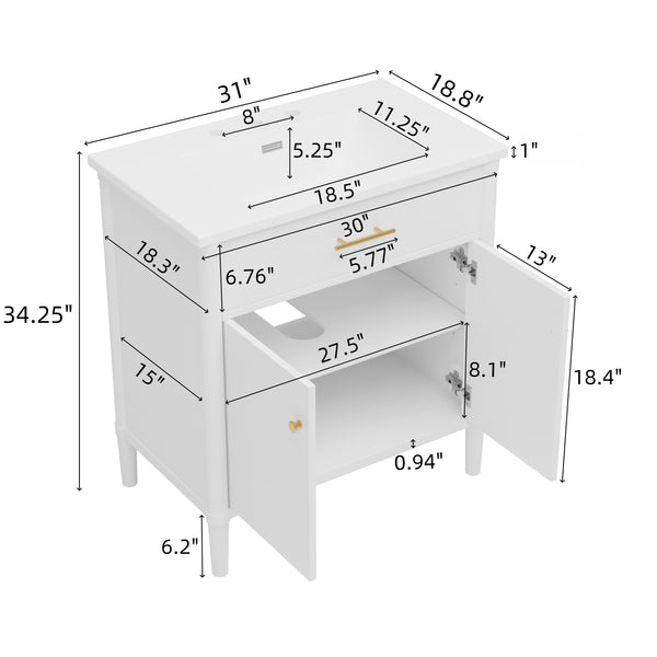 English Elm Christopher Knight Home® - 30 Inches Bathroom Vanity With Soft Close Doors, Curved Design, Adjustable Shelf & Elegant Sink N817P299509W