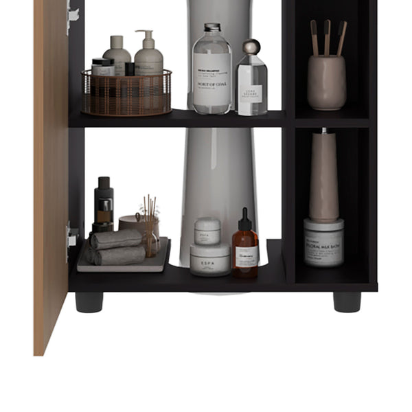 English Elm Wenge Pedestal Sink Cabinet with Wenge & Natural Oak Finish, 5 Open Shelves + 1 Door for Stylish Storage B062P380062