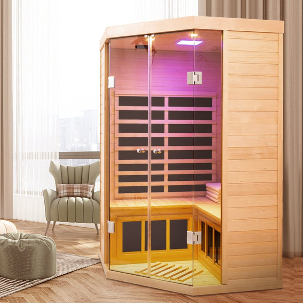 English Elm Low Emf Two Person Hemlock Far Infrared Sauna with Double Glass Doors and Bluetooth W632S00018