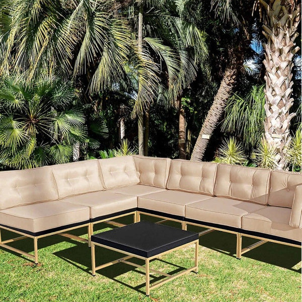 English Elm 7-piece Outdoor Modular Sectional with Rust-resistant Frame and Tempered Glass Table T5880S00014