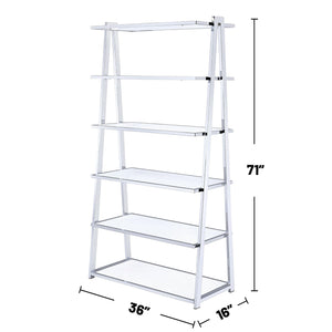 English Elm 6-Tier Leaning Bookcase White High Gloss with Chrome Frame, 6 Open Shelves for Books & Display Decor B016S00016