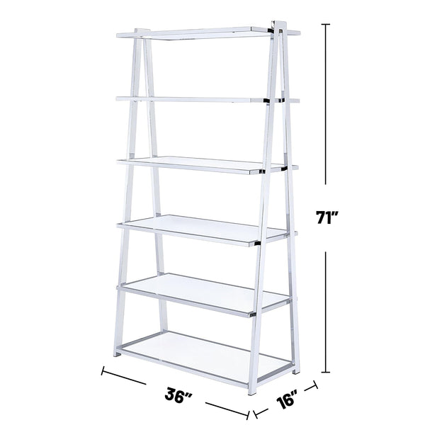 English Elm 6-Tier Leaning Bookcase White High Gloss with Chrome Frame, 6 Open Shelves for Books & Display Decor B016S00016