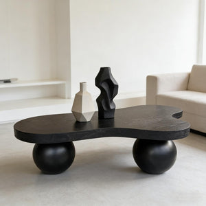 English Elm 46 Inch Cloud Shaped Coffee Table with Ash Veneer Top and Sculptural Sphere Legs Black W3935S00006