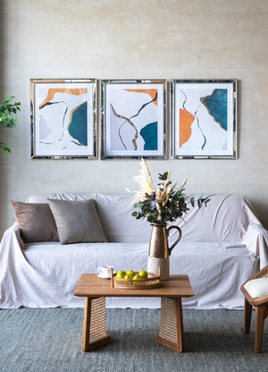 English Elm S/3 Marcia Mirror-Framed Wall Art Set - Abstract Blue Orange Gold Accents, Sparkling Framed Trio for Living Room Decor W2078P318311