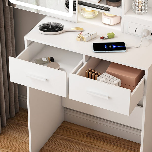 English Elm Small Makeup Vanity Desk with LED Mirror, USB/AC Ports, Hair Dryer Stand, Stool & Hidden Storage W2699P296515