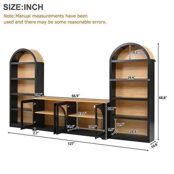 English Elm 3-piece Farmhouse Entertainment Center with Arched Glass Doors and Open Tower Shelving Black N721S000070B