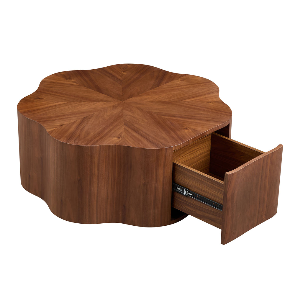 English Elm 35.43 Petal-Shaped Round Coffee Table with Hidden Drawer, 39.37" Wide Walnut MDF Accent Table for Living Room W2582P338168
