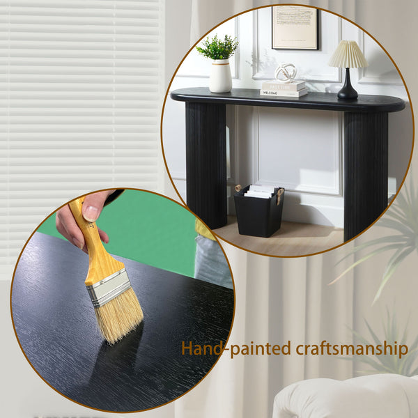 English Elm Wood Modern Black Console Table 65.4" Half-Moon Ribbed Entryway Table Durable Wipe-Clean Accent Piece W2729P239171