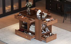 English Elm Closet Elegant walk-in island with glass display top, 6 drawers and open shelves for organized storage Walnut 39.76 L x 17.32 W x 12.2 H N733S304513D