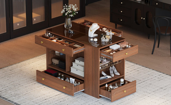 English Elm Closet Elegant walk-in island with glass display top, 6 drawers and open shelves for organized storage Walnut 39.76 L x 17.32 W x 12.2 H N733S304513D