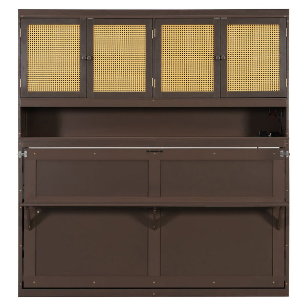 English Elm Twin Murphy Bed with Rattan Cabinet Doors Led Lighting and Usb Charging for Small Spaces Espresso LP000740AAP
