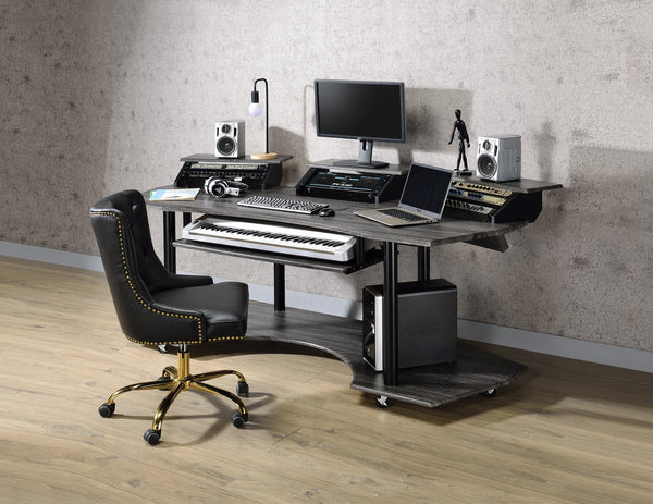 English Elm 83" Eleazar Black music recording studio desk with keyboard storage, metal frame, casters, pro workspace Dark Oak 39 L x 19 W x 4 H B2726S00135