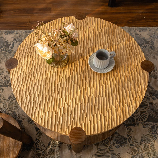 English Elm Round Solid Wood Coffee Table 2-Tier with Storage Shelf, Mid-Century Modern, Compact Durable Design W3158P297420