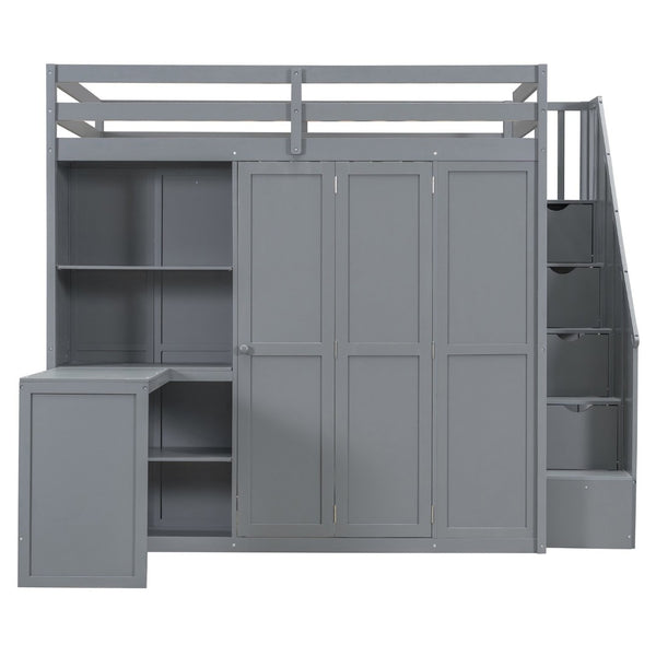 English Elm Full Size Loft Bed with Wardrobe Desk and Shelving for Modern Teen Bedroom Gray LT000679AAE-1