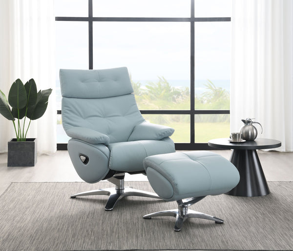 English Elm Janella Babyblue Top Grain Leather Swivel Recliner with Ottoman — Pocket Coil Comfort, Modern Style B2726P245873