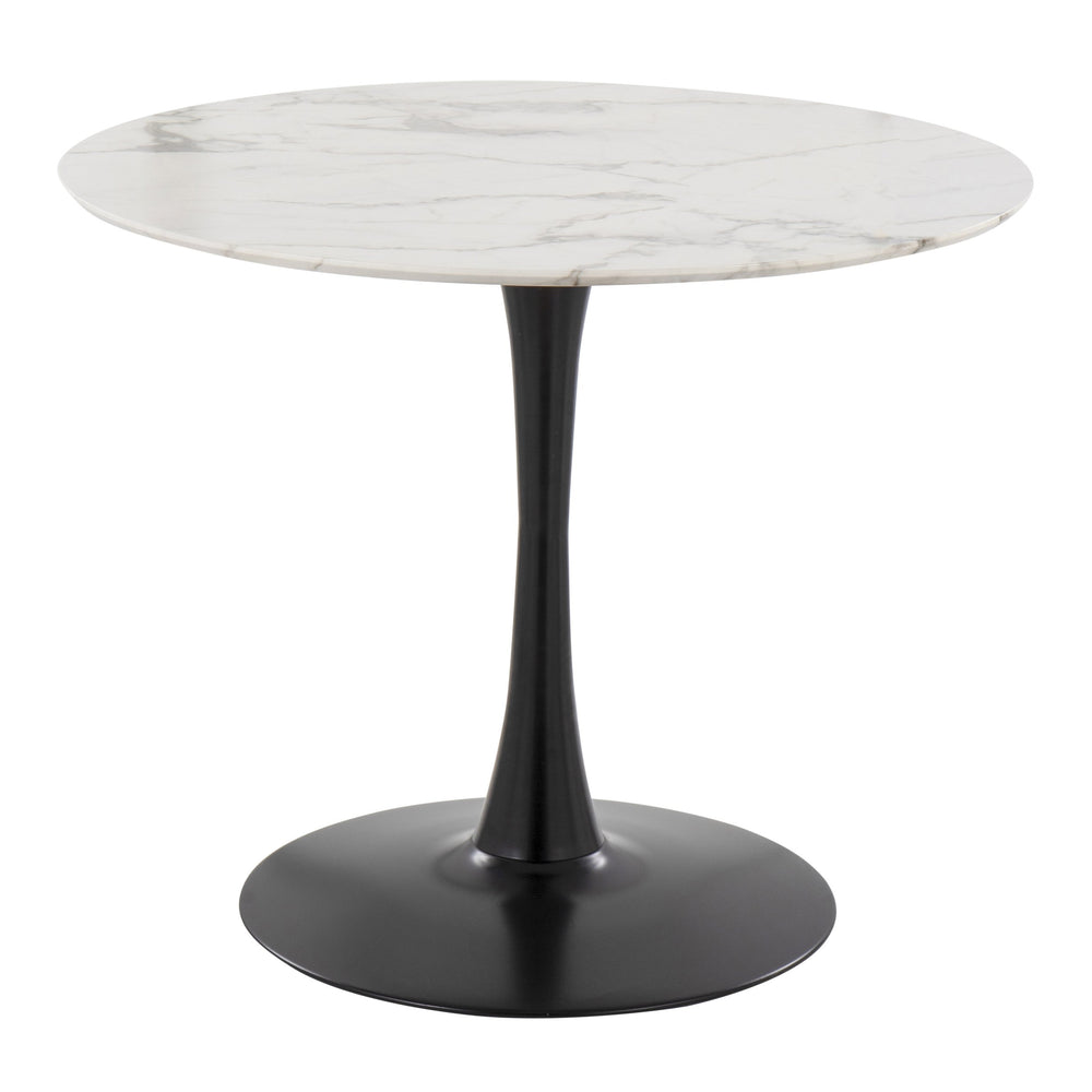 English Elm Pebble Round Dining Table with White Marble Veneer and Black Metal Pedestal Base, Seats 4, Modern B202S01128