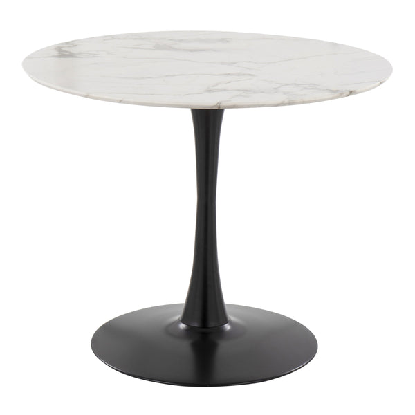 English Elm Pebble Round Dining Table with White Marble Veneer and Black Metal Pedestal Base, Seats 4, Modern B202S01128