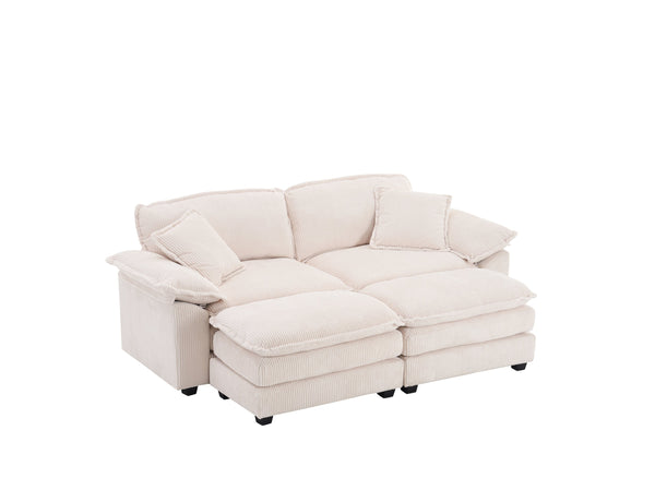English Elm Corduroy Plush 2-Seat Sofa with 2 Back Cushions, Toss Pillows & Ottomans — Deep Seat Comfort White W2363S00062