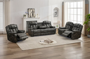 English Elm Ms 3 Piece Technical Leather Reclining Sofa Set with Led Lighting and Wireless Charging Grey W1805S00165