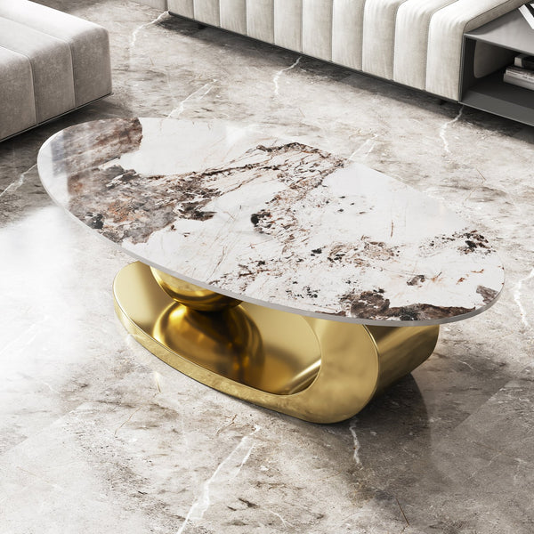English Elm 49.2 Oval Faux Marble Coffee Table with Titanium-Coated Stainless Steel Base and Sintered Stone Top Gold,Multi W3136S00001