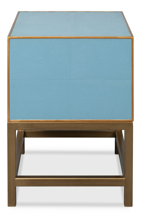 Sarreid Gideon Shagreen Side Table In Chic Chambray Blue - Stylish Wood & Textured Leather Accent Piece Blue  54003-4