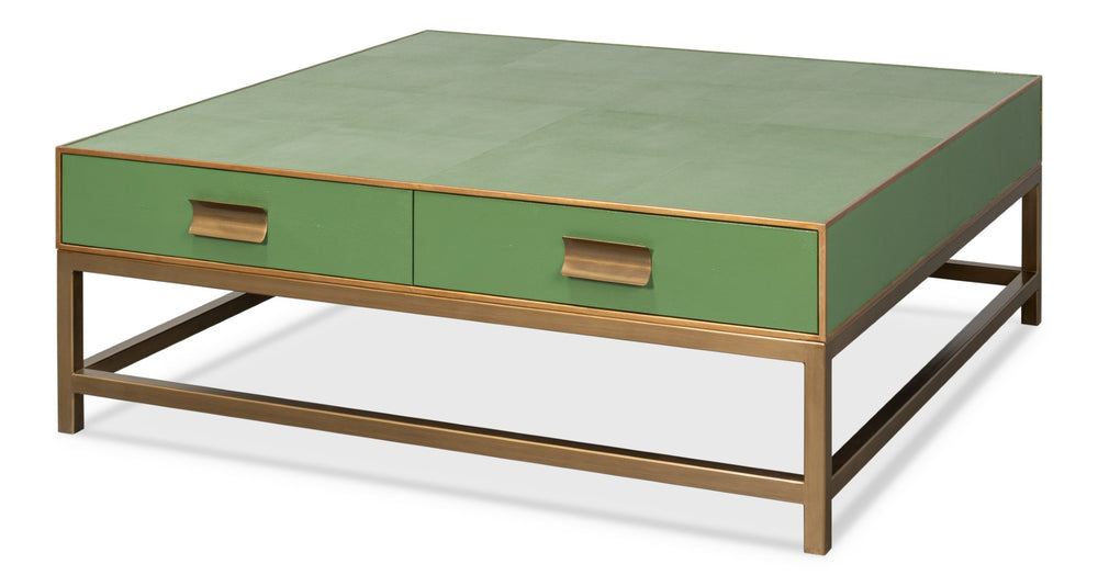 Sarreid Gideon Shagreen Square Coffee Table With Gold Trim, Elegant Watercress Finish & Luxurious Design Green  54004-3