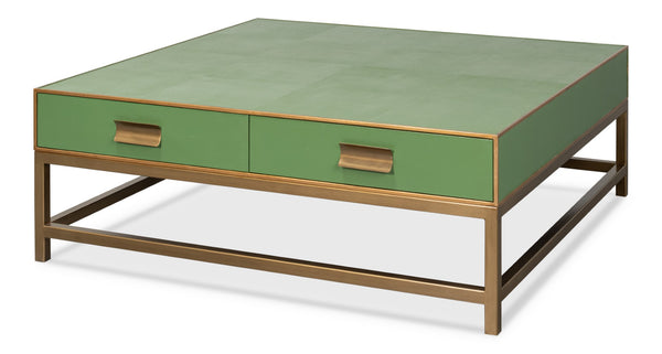 Sarreid Gideon Shagreen Square Coffee Table With Gold Trim, Elegant Watercress Finish & Luxurious Design Green  54004-3