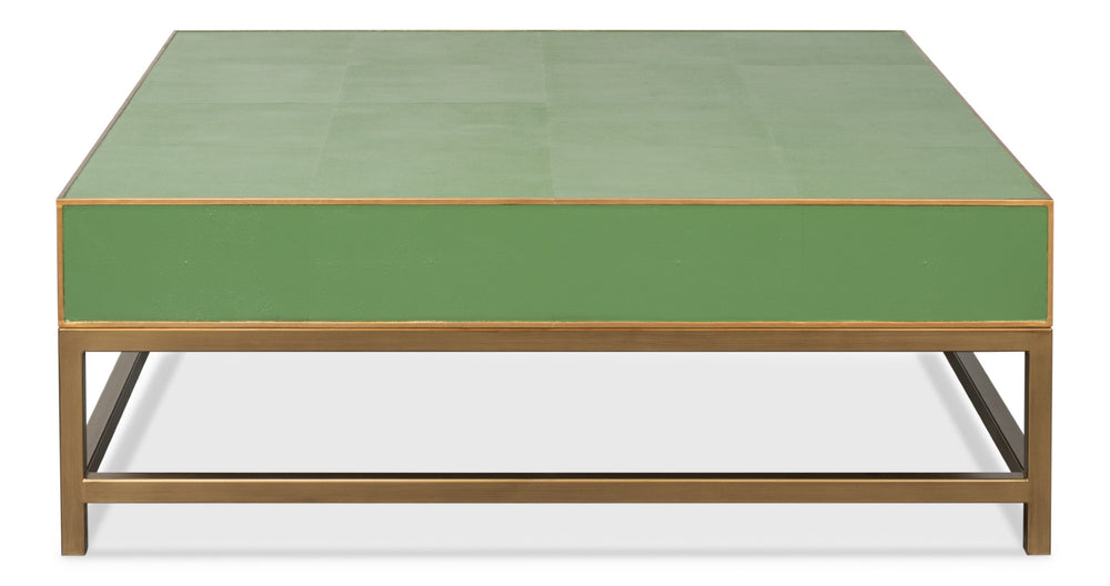 Sarreid Gideon Shagreen Square Coffee Table With Gold Trim, Elegant Watercress Finish & Luxurious Design Green  54004-3
