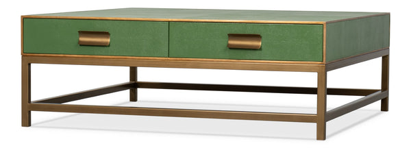 Sarreid Gideon Shagreen Square Coffee Table With Gold Trim, Elegant Watercress Finish & Luxurious Design Green  54004-3