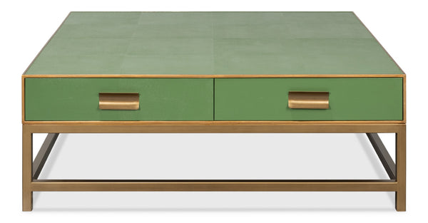 Sarreid Gideon Shagreen Square Coffee Table With Gold Trim, Elegant Watercress Finish & Luxurious Design Green  54004-3