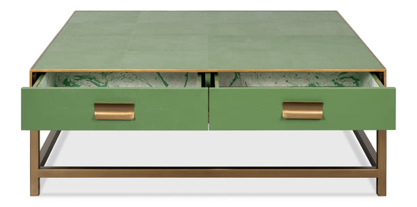 Sarreid Gideon Shagreen Square Coffee Table With Gold Trim, Elegant Watercress Finish & Luxurious Design Green  54004-3