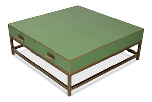 Sarreid Gideon Shagreen Square Coffee Table With Gold Trim, Elegant Watercress Finish & Luxurious Design Green  54004-3