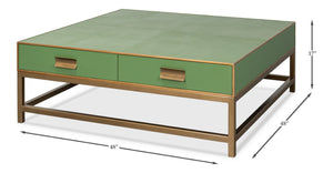 Sarreid Gideon Shagreen Square Coffee Table With Gold Trim, Elegant Watercress Finish & Luxurious Design Green  54004-3