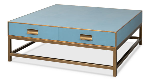 Sarreid Gideon Shagreen Square Coffee Table In Chambray Blue With Elegant Gold Trim And Frame Design Blue  54004-4