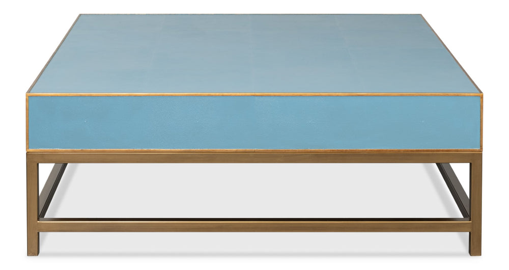 Sarreid Gideon Shagreen Square Coffee Table In Chambray Blue With Elegant Gold Trim And Frame Design Blue  54004-4