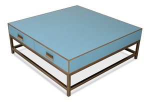Sarreid Gideon Shagreen Square Coffee Table In Chambray Blue With Elegant Gold Trim And Frame Design Blue  54004-4