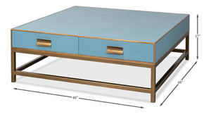 Sarreid Gideon Shagreen Square Coffee Table In Chambray Blue With Elegant Gold Trim And Frame Design Blue  54004-4