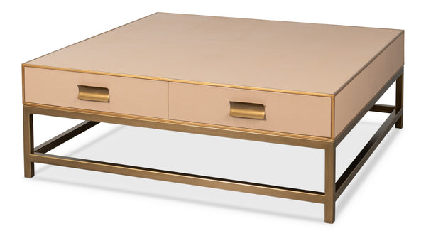 Sarreid Gideon Shagreen Square Coffee Table With Gold Trim And Elegant Mushroom Finish For Chic Interiors Tan  54004-5