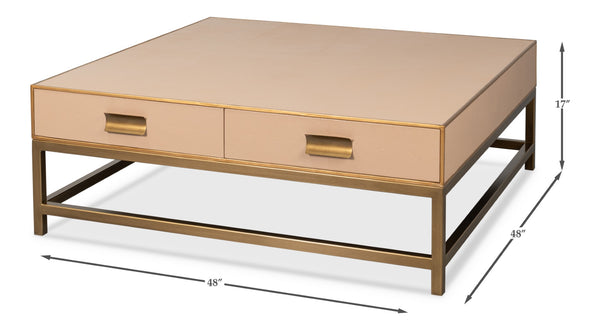 Sarreid Gideon Shagreen Square Coffee Table With Gold Trim And Elegant Mushroom Finish For Chic Interiors Tan  54004-5