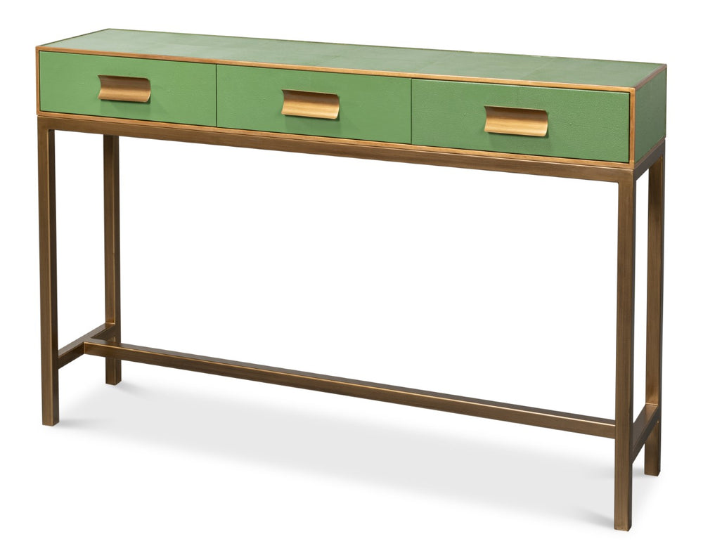 Sarreid Gideon Shagreen Console Table In Watercress Finish With Elegant Gold Trim And Frame For Luxe Decor Green  54005-3