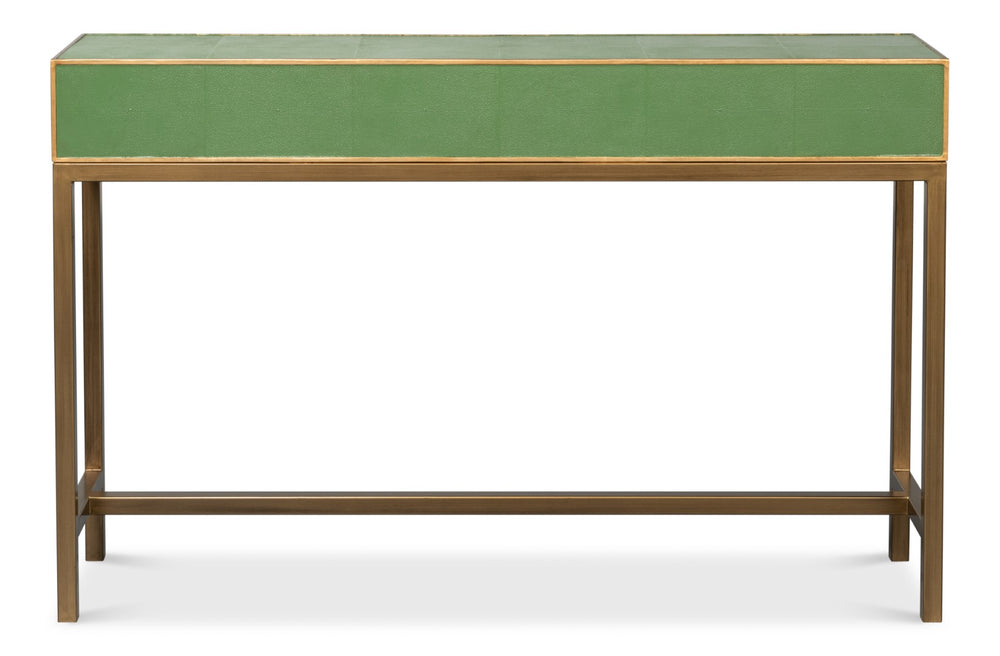 Sarreid Gideon Shagreen Console Table In Watercress Finish With Elegant Gold Trim And Frame For Luxe Decor Green  54005-3