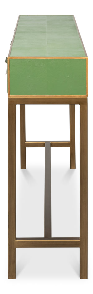 Sarreid Gideon Shagreen Console Table In Watercress Finish With Elegant Gold Trim And Frame For Luxe Decor Green  54005-3