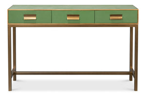 Sarreid Gideon Shagreen Console Table In Watercress Finish With Elegant Gold Trim And Frame For Luxe Decor Green  54005-3