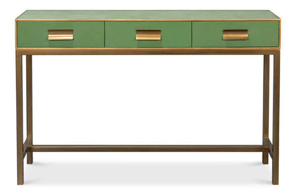 Sarreid Gideon Shagreen Console Table In Watercress Finish With Elegant Gold Trim And Frame For Luxe Decor Green  54005-3