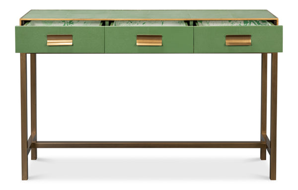 Sarreid Gideon Shagreen Console Table In Watercress Finish With Elegant Gold Trim And Frame For Luxe Decor Green  54005-3